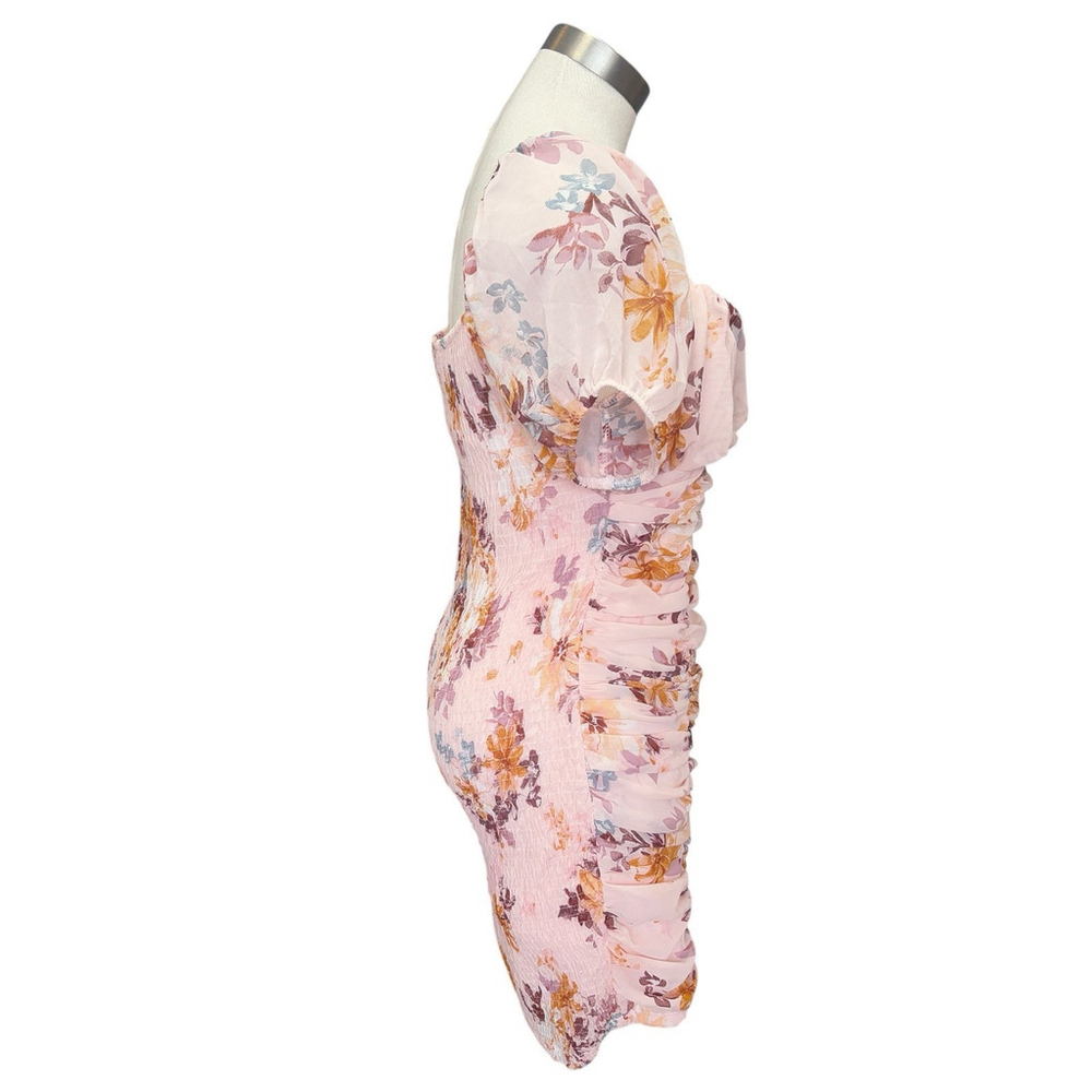 YaYa & Co Womens Fitted Shirred Floral Puff Sleeves Chiffon Romantic Sz. L - Picture 4 of 8
